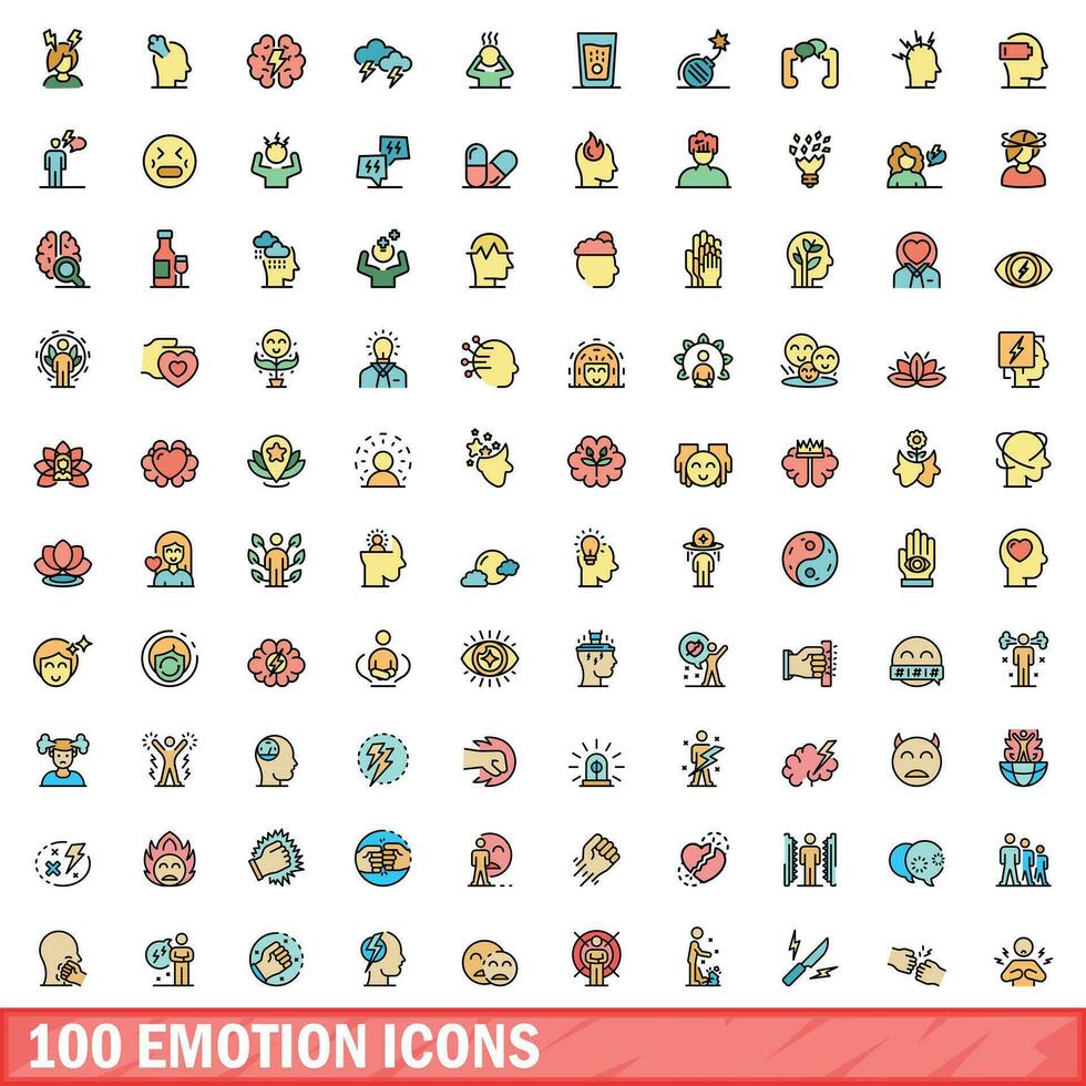 100 emotion icons set, color line style vector