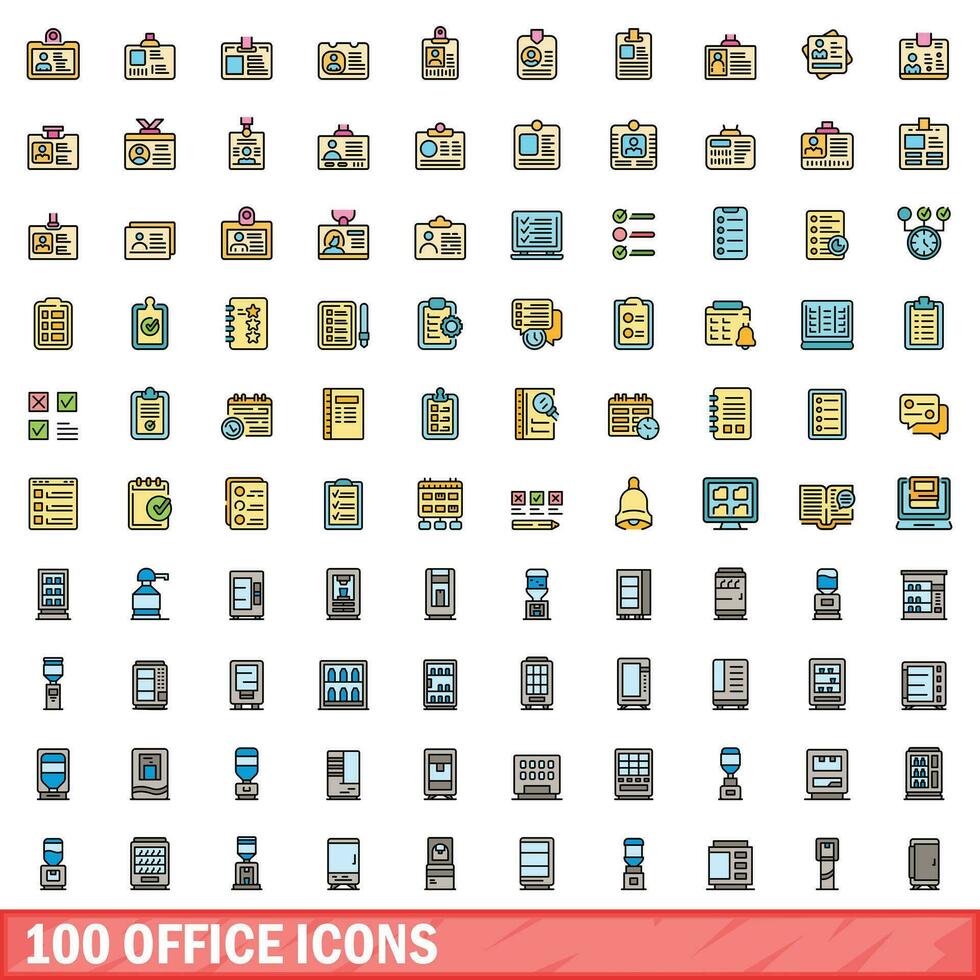 100 office icons set, color line style vector