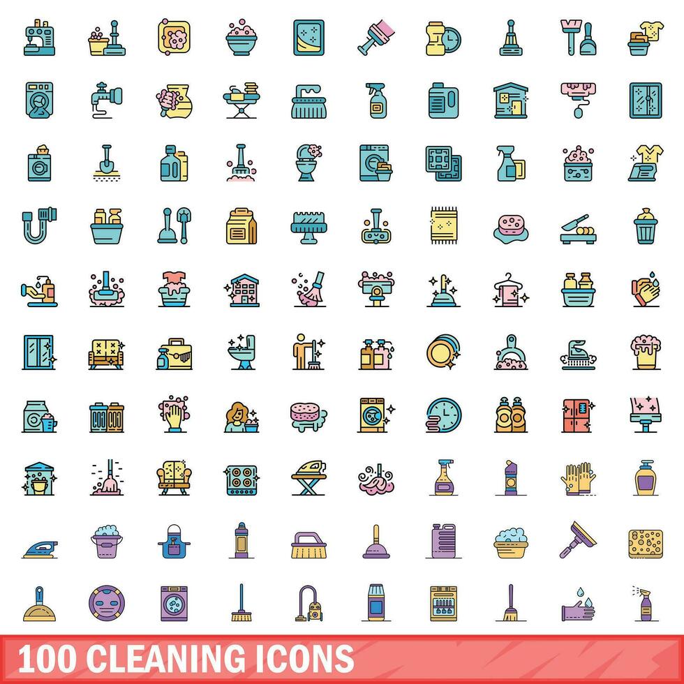 100 cleaning icons set, color line style vector