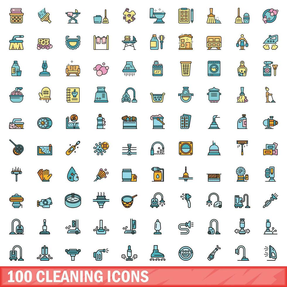 100 cleaning icons set, color line style vector
