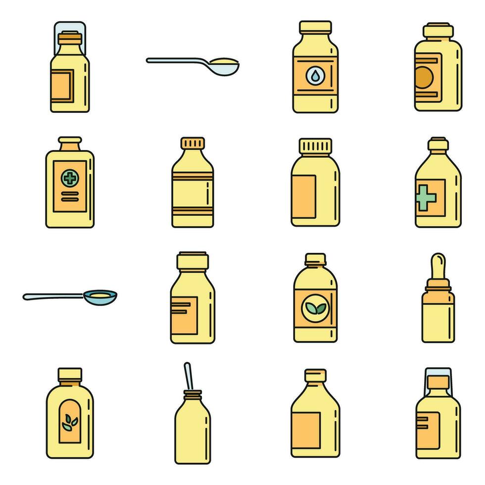 Cough syrup bottle icons set vector color