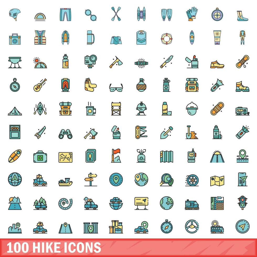 100 caminata íconos colocar, color línea estilo vector