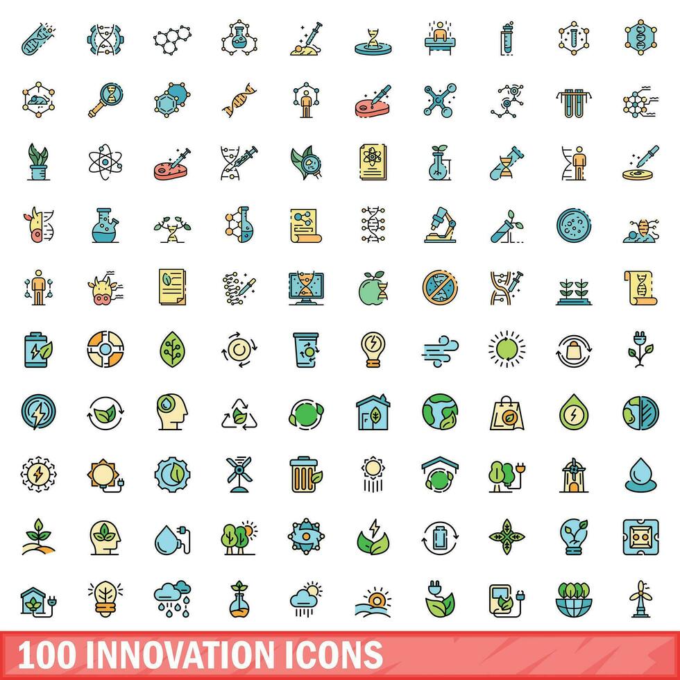 100 innovation icons set, color line style vector