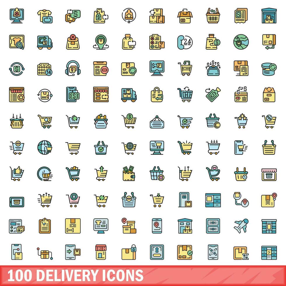 100 delivery icons set, color line style vector