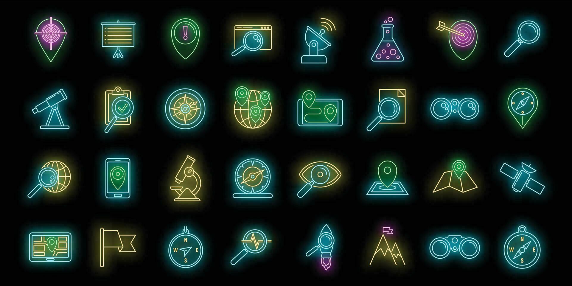 Research icons set vector neon