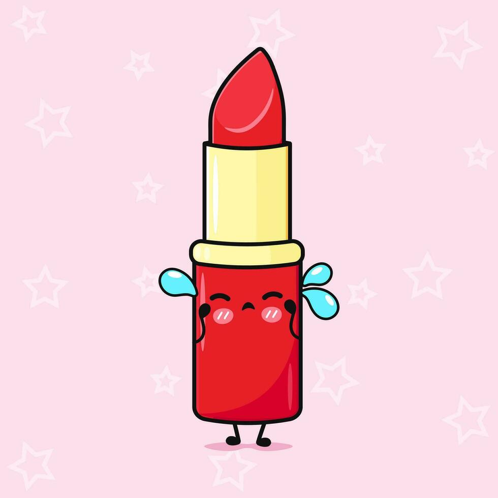 Cying Red lipstick character. Vector hand drawn cartoon kawaii character illustration icon. Isolated on pink background. Sad Red lipstick character concept