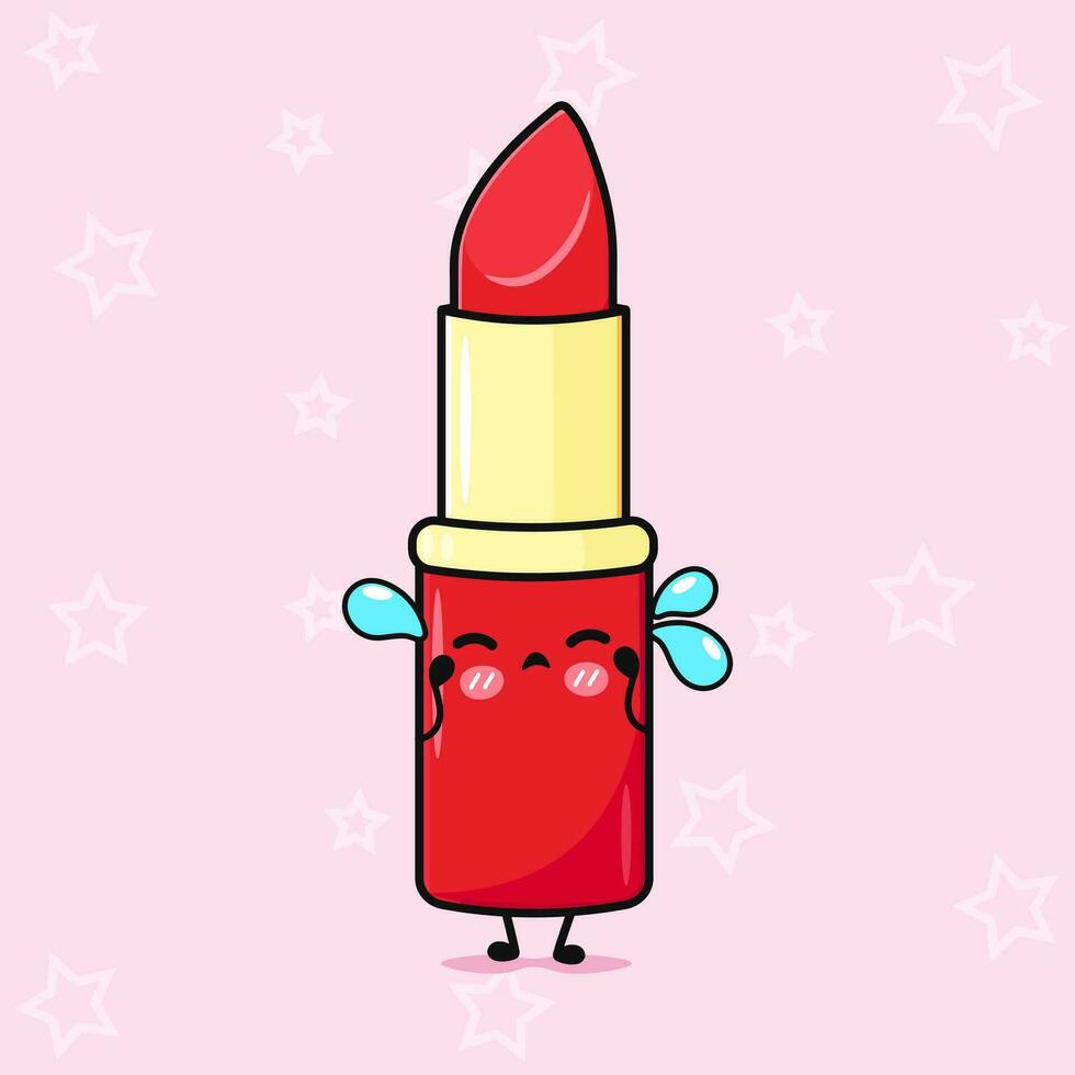 llorando rojo lápiz labial personaje. vector mano dibujado dibujos animados kawaii personaje ilustración icono. aislado en rosado antecedentes. triste rojo lápiz labial personaje concepto