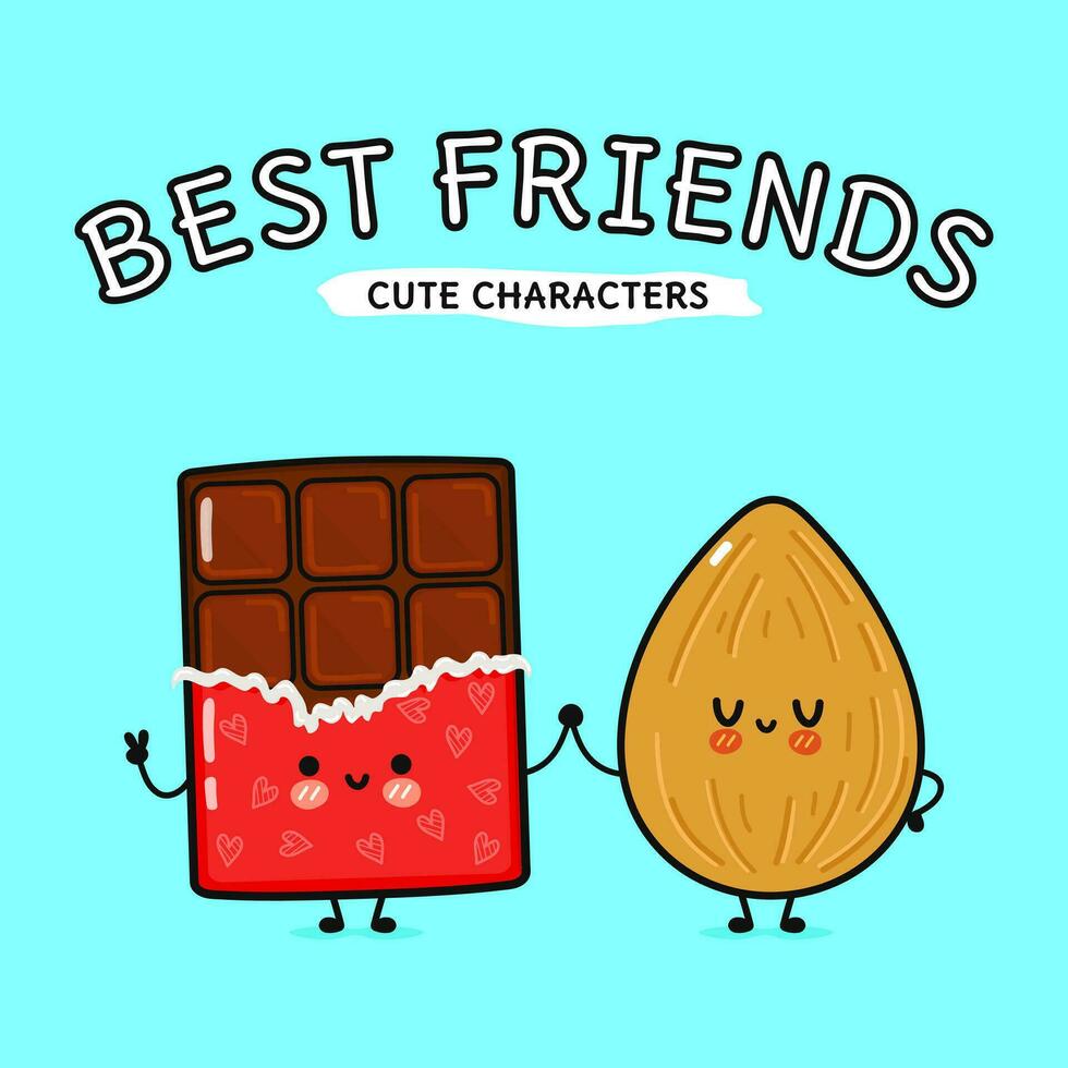 Chocolate and almond character. Vector hand drawn cartoon kawaii characters, illustration icon. Funny cartoon happy chocolate and almond friends