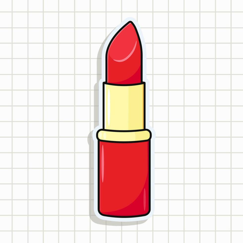 linda gracioso rojo lápiz labial pegatina. vector mano dibujado dibujos animados kawaii personaje ilustración icono. aislado en antecedentes. rojo lápiz labial tarjeta personaje concepto