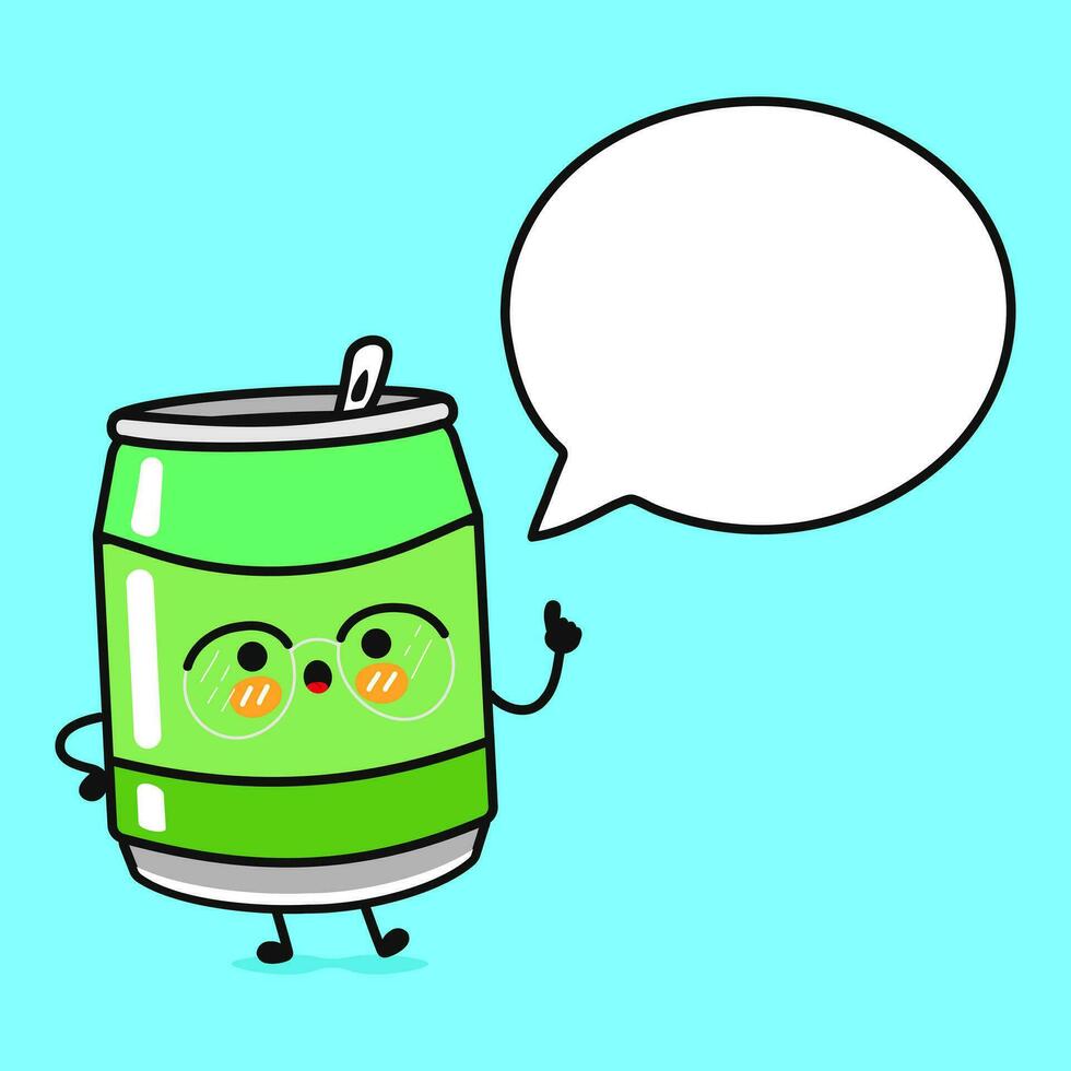 Soda with speech bubble. Vector hand drawn cartoon kawaii character illustration icon. Isolated on blue background. Soda character concept
