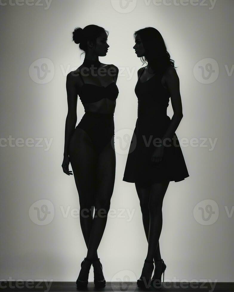 AI generated Silhouette of three women in black and white dresses, studio shot. ai generative photo