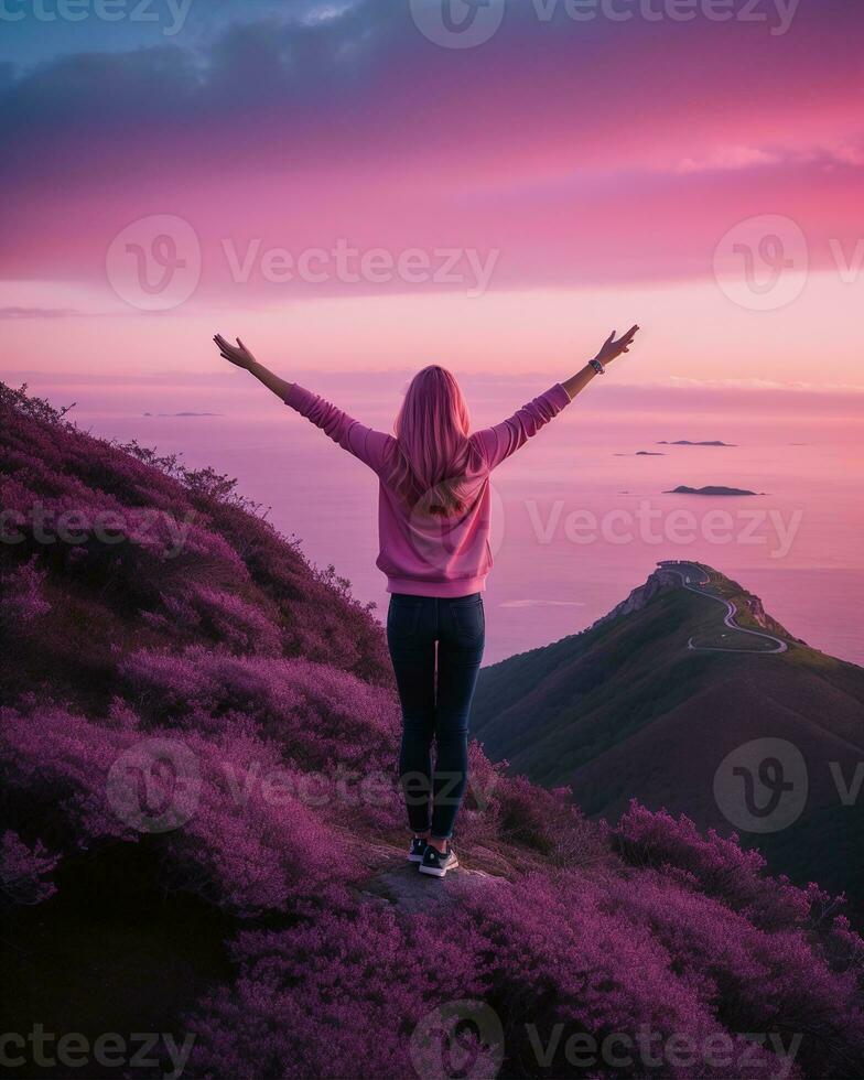 AI generated young woman hiker open arms on top of a mountain at sunrise. ai generative photo