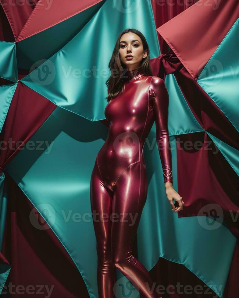 AI generated Beautiful young brunette woman in a blue latex suit posing in the studio. ai generative photo