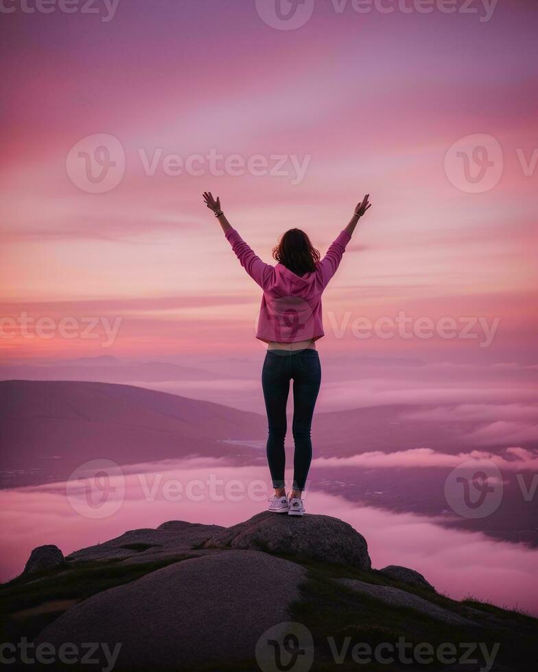 AI generated young woman hiker open arms on top of a mountain at sunrise. ai generative photo