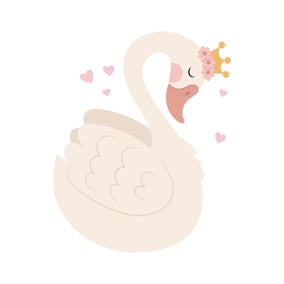 Swan. Bird vector illustration. Swan in a crown on a white background in a flat style. Princess