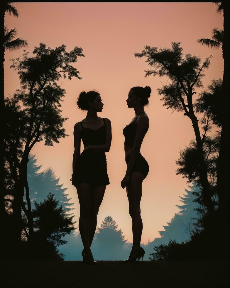 AI generated Silhouette of three women in black and white dresses, studio shot. ai generative photo