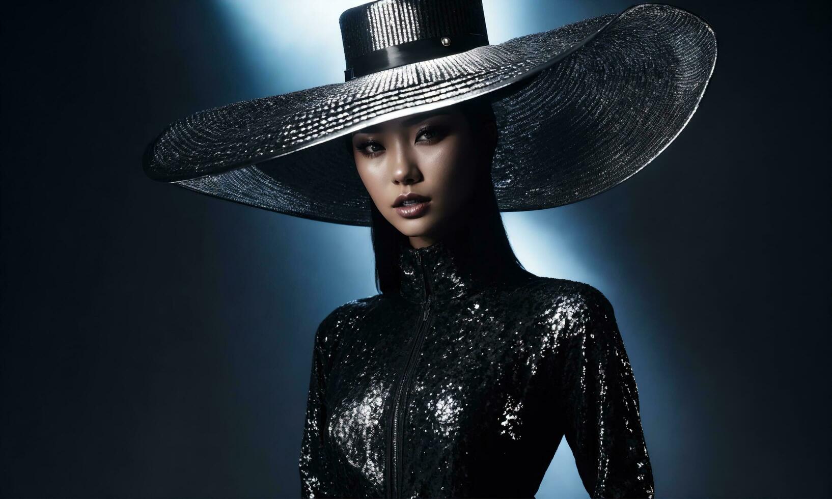 AI generated beautiful woman in hat and leather jacket looking at camera in city. ai generative photo