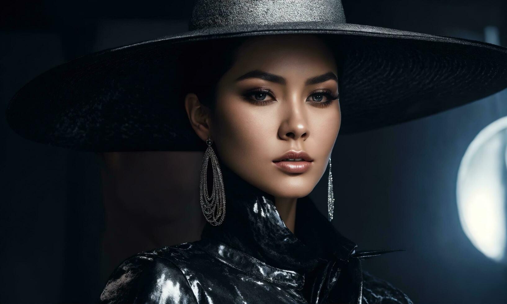 AI generated beautiful woman in hat and leather jacket looking at camera in city. ai generative photo