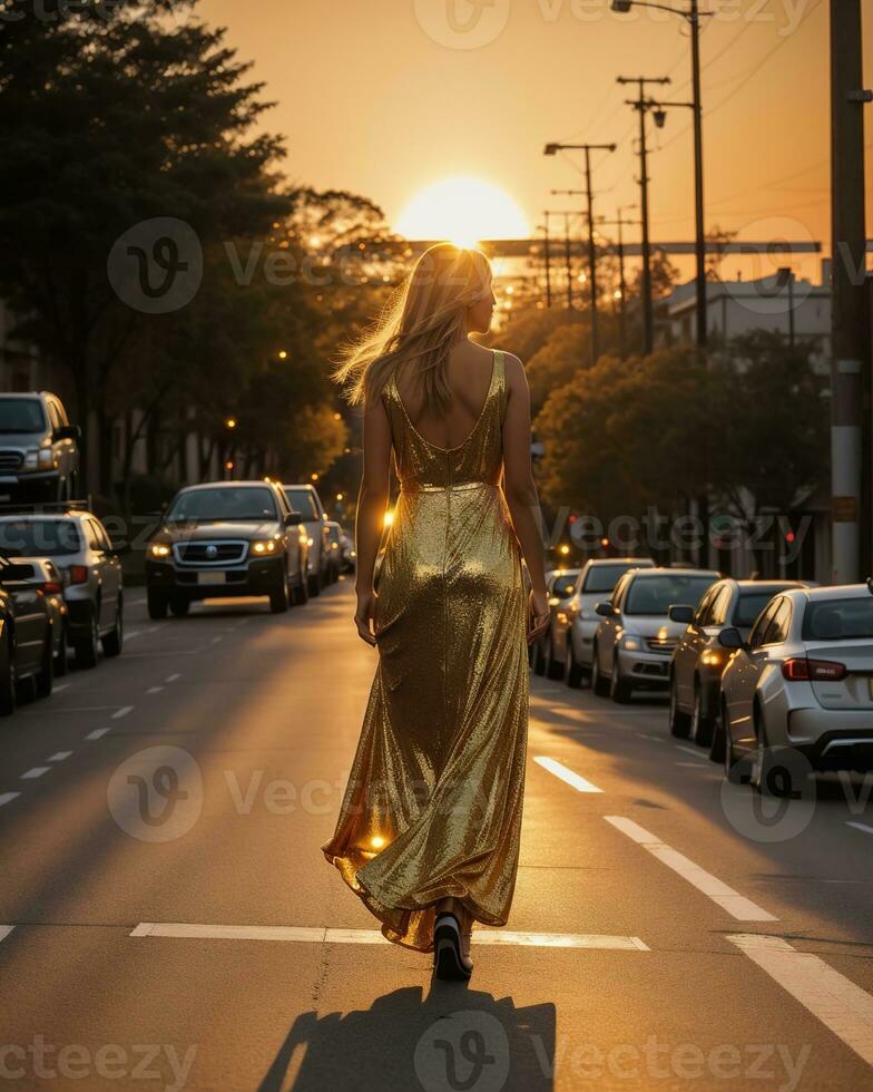 AI generated Beautiful young woman in a long yellow dress walking on the street at sunset. ai generative photo