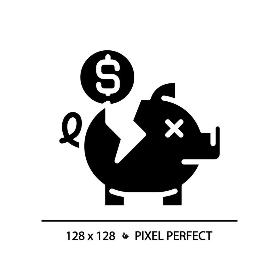 2D pixel perfect glyph style broken piggy bank icon, solid isolated vector, simple silhouette illustration representing economic crisis. vector