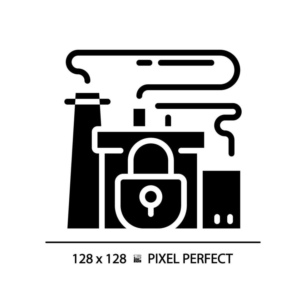 2D pixel perfect glyph style closed factory icon, solid isolated vector, simple silhouette illustration representing economic crisis. vector