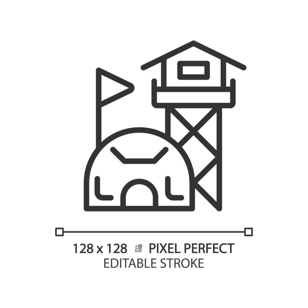 2d píxel Perfecto editable negro militar base icono, aislado sencillo vector, Delgado línea ilustración representando armas vector