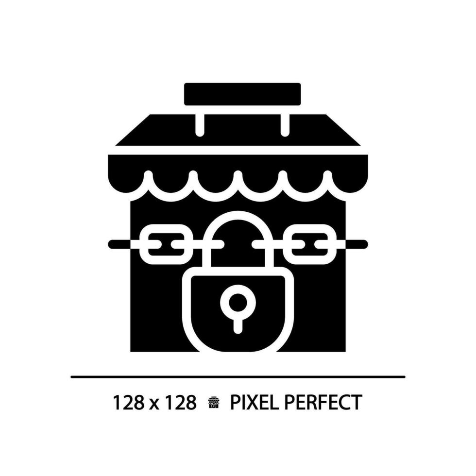 2D pixel perfect glyph style closed shop icon, solid isolated vector, simple silhouette illustration representing economic crisis. vector