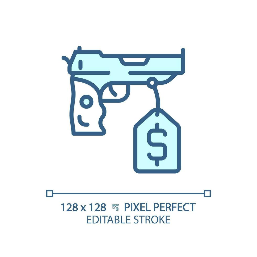 2D pixel perfect editable blue buy gun icon, isolated monochromatic vector, thin line illustration representing weapons. vector