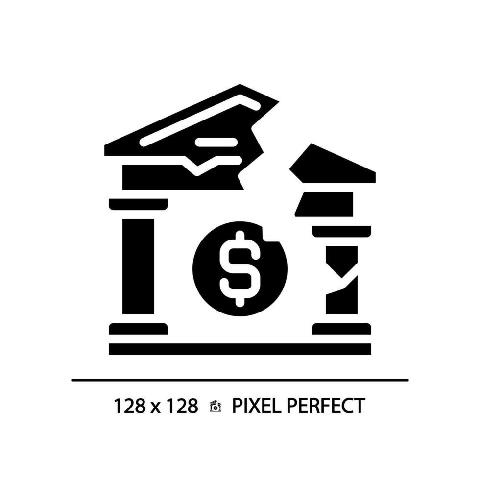 2d píxel Perfecto glifo estilo banco fracaso icono, sólido aislado vector, sencillo silueta ilustración representando económico crisis. vector