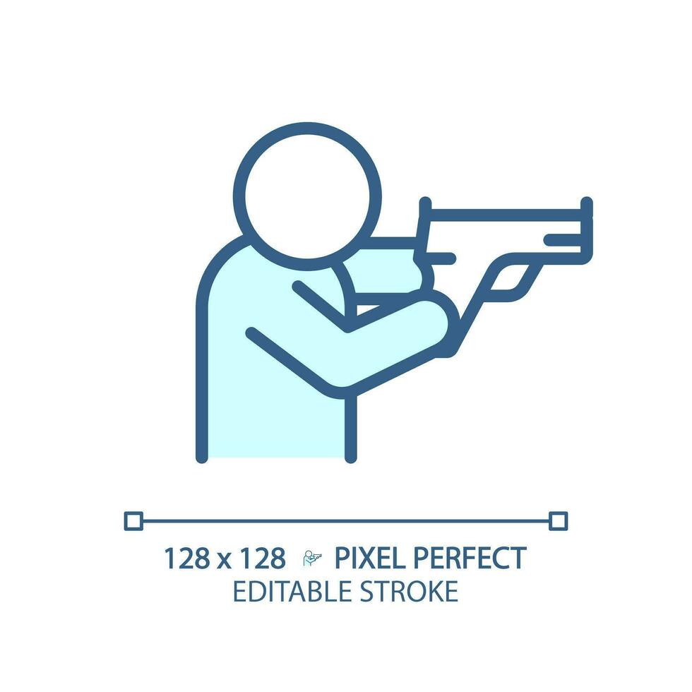 2D pixel perfect editable blue shooting stance icon, isolated monochromatic vector, thin line illustration representing weapons. vector