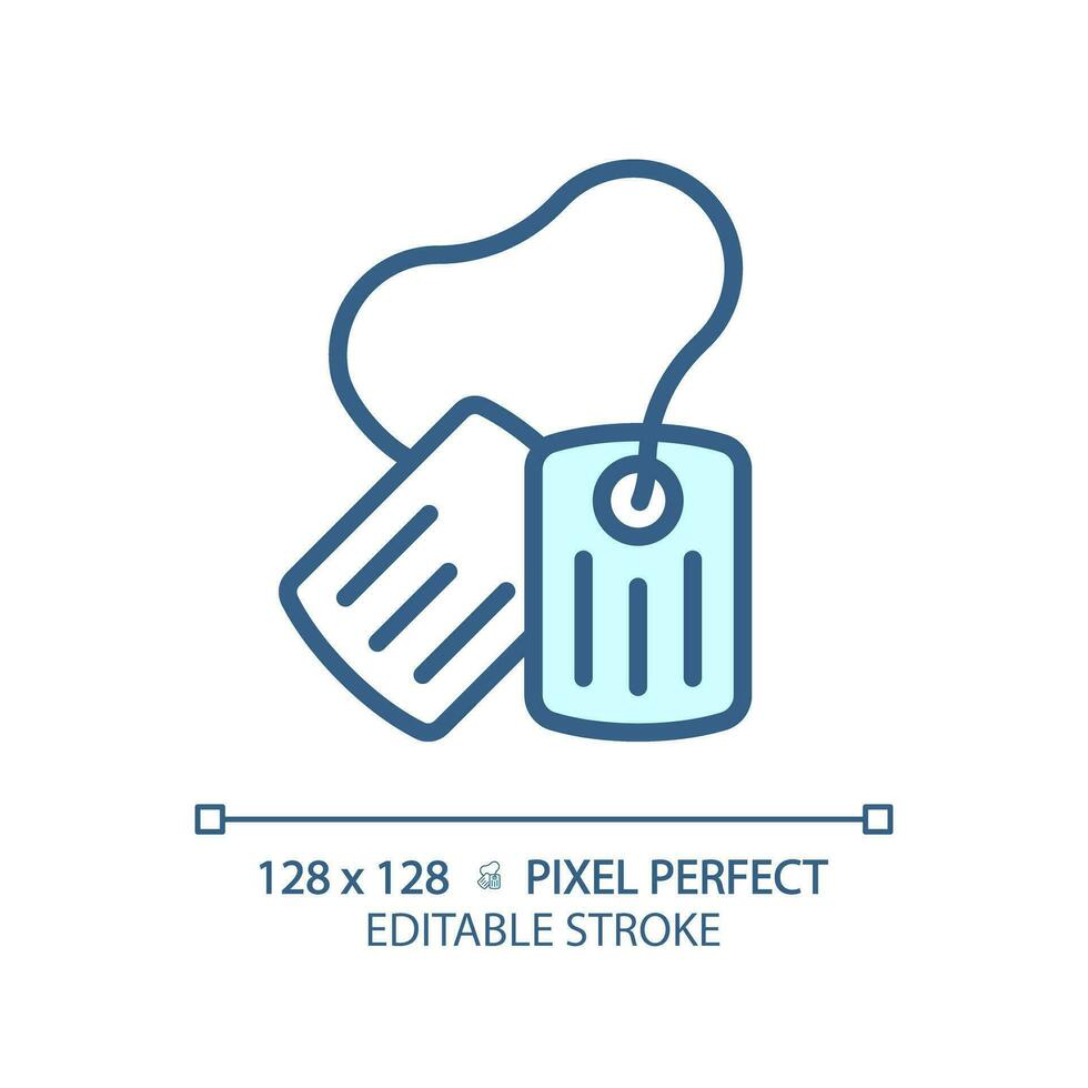 2D pixel perfect editable blue dog tag icon, isolated monochromatic vector, thin line illustration representing weapons. vector