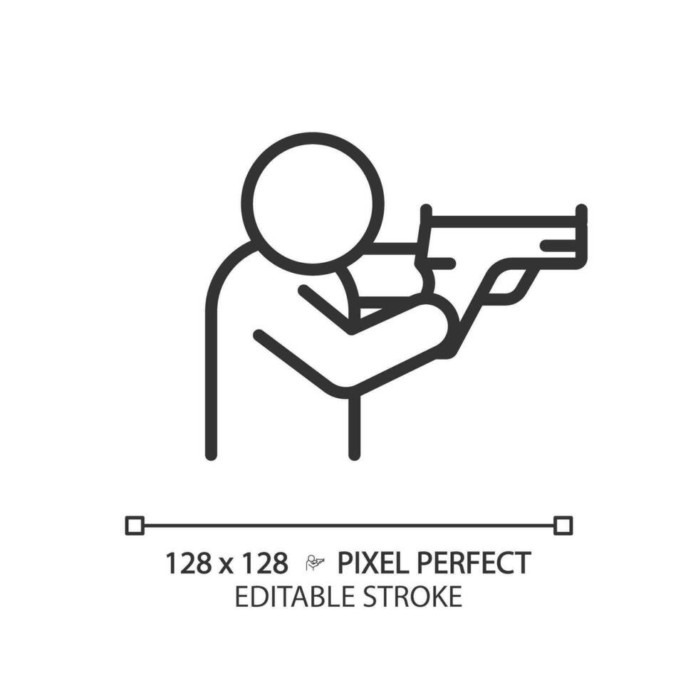 2d píxel Perfecto editable negro disparo postura icono, aislado sencillo vector, Delgado línea ilustración representando armas vector