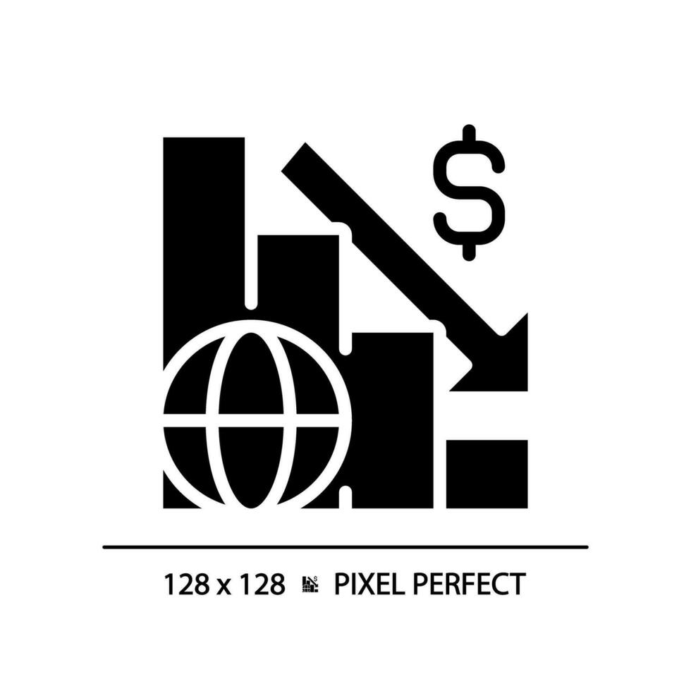 2D pixel perfect glyph style global crisis icon, solid isolated vector, simple silhouette illustration representing economic crisis. vector