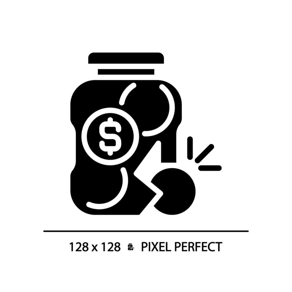 2D pixel perfect glyph style broken glass jar icon, solid isolated vector, simple silhouette illustration representing economic crisis. vector