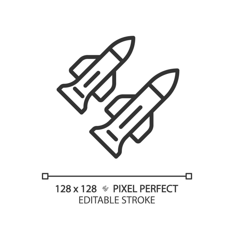 2d píxel Perfecto editable negro misil icono, aislado sencillo vector, Delgado línea ilustración representando armas vector