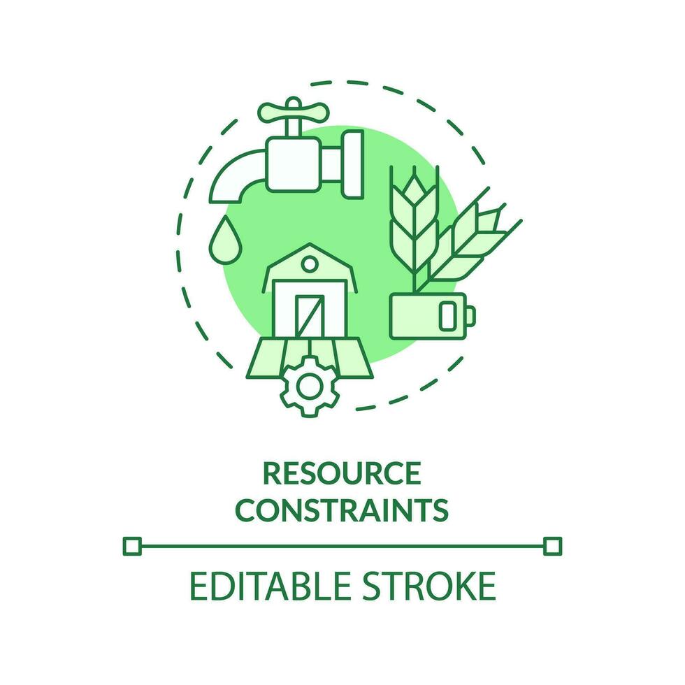 2D editable green resource constraints icon, monochromatic isolated vector, thin line illustration representing agricultural clusters. vector