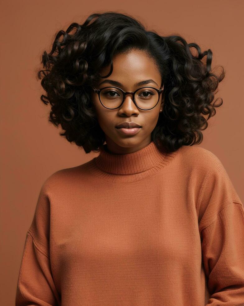 AI generated Beautiful african american woman with curly hairstyle and glasses. ai generative photo