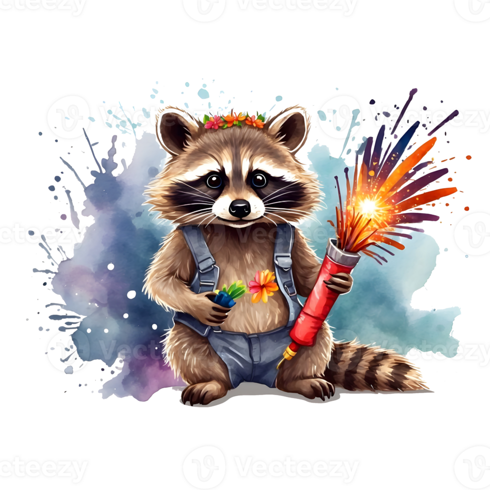 AI generated Raccoon with fireworks and color splashing png