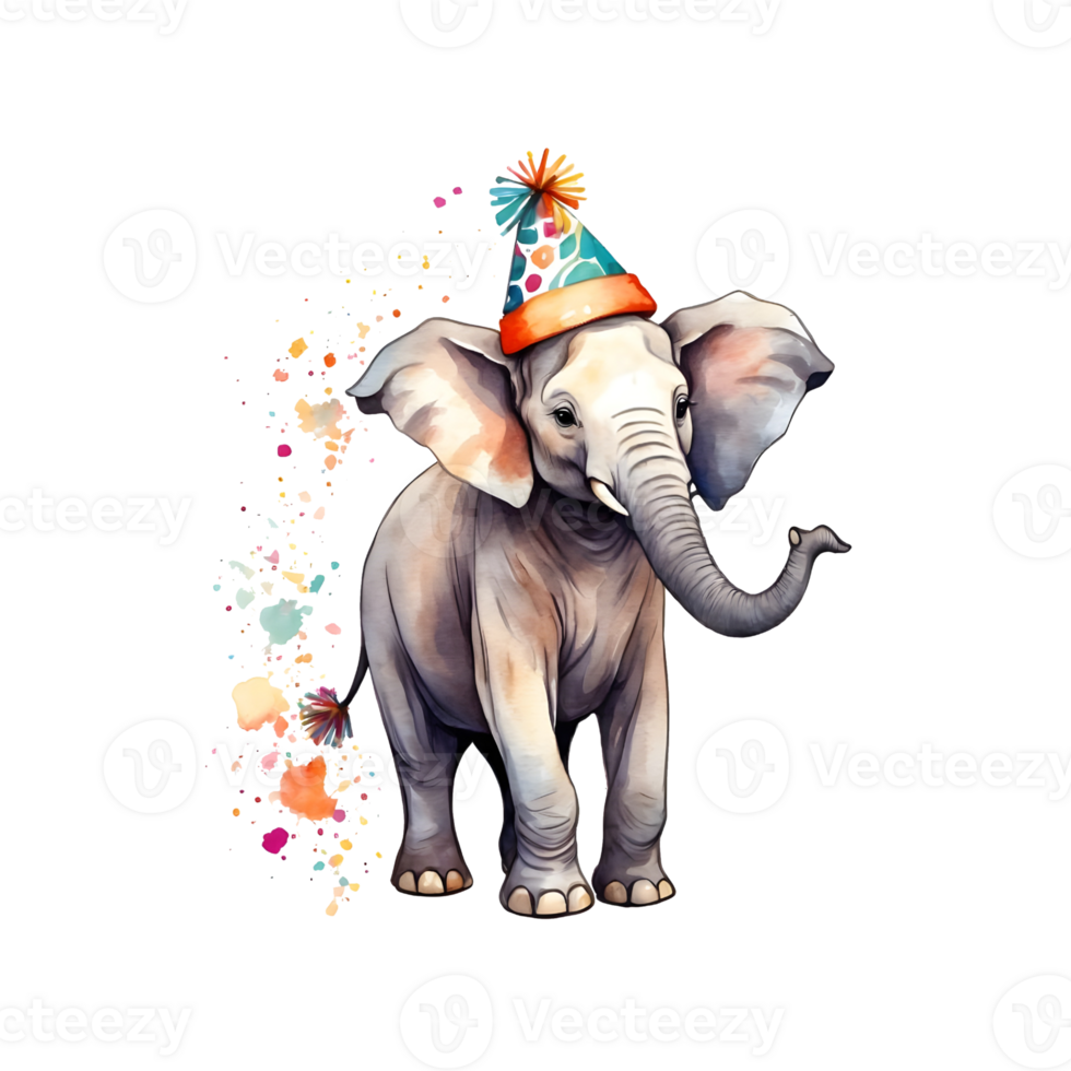 AI generated Elephant with party hat, watercolor png