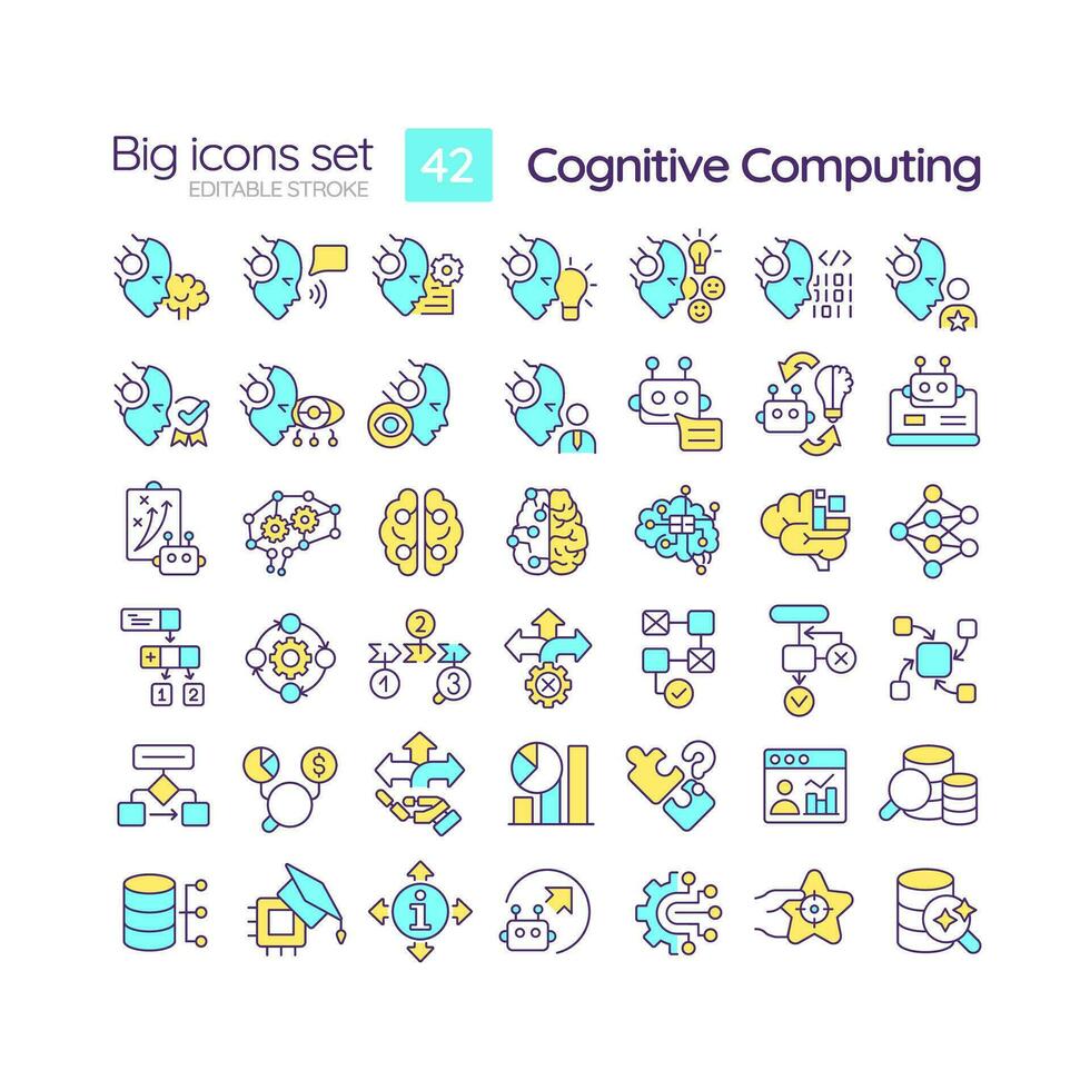 2D editable multicolor big thin line icons set representing cognitive computing, isolated simple vector, linear illustration. vector