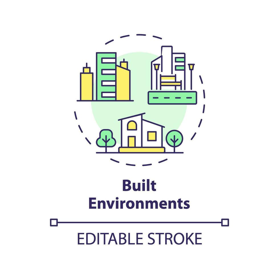 2D editable multicolor built environments icon, simple isolated vector, thin line illustration representing environmental psychology. vector