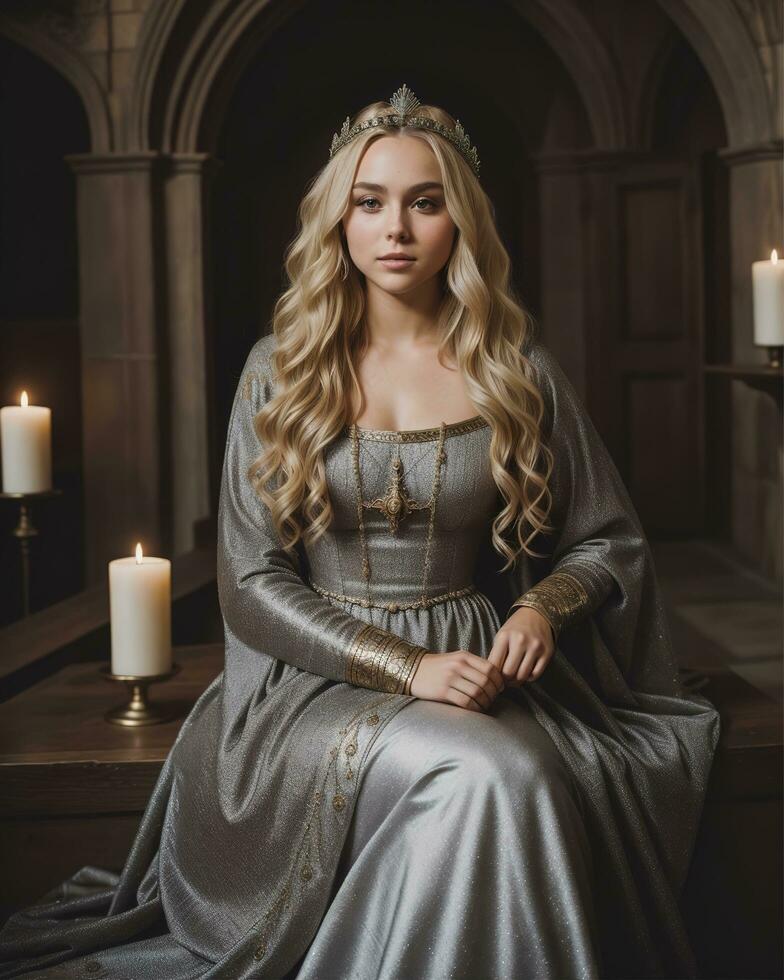 AI generated beautiful women in medieval dresses posing in front of a castle. ai generative photo