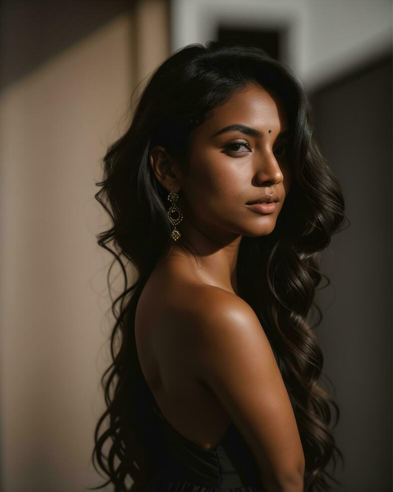 AI generated Beautiful petite Filipino woman in a black strapless dress. ai generative photo