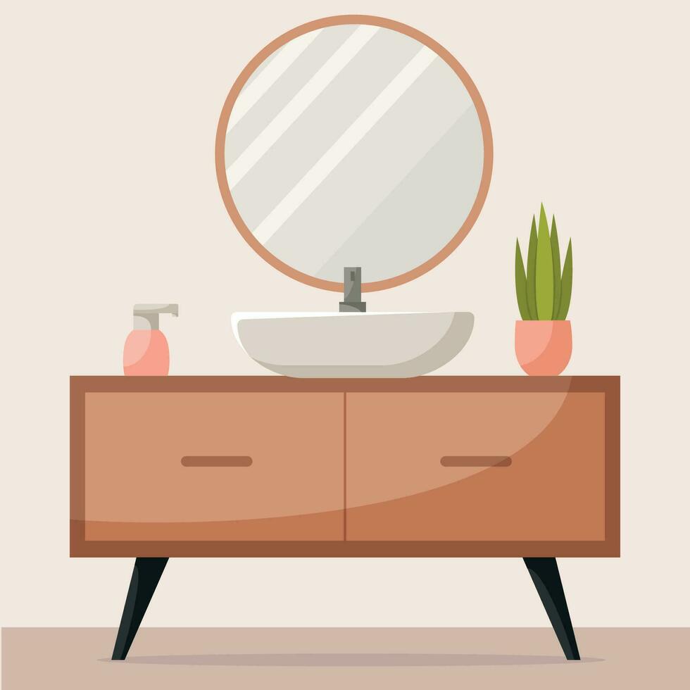 minimalista moderno baño interior con muebles, hundir, espejo y casa plantas. vector