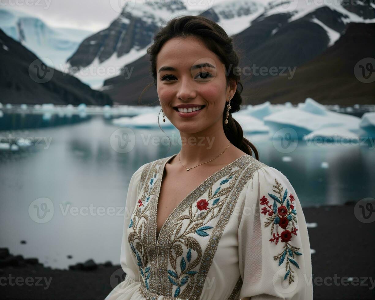 AI generated Portrait of a young woman smiling at camera in front of icebergs. ai generative photo