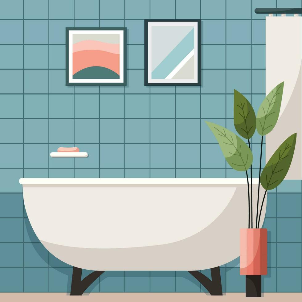 Minimalistic bathroom interior with modern furniture, plant, pictures,  shelf with bath items vector