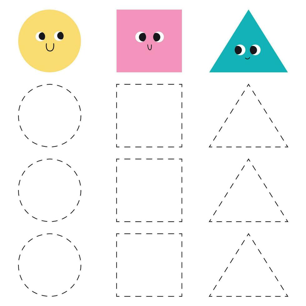 Handwriting practice for kids.  Trace worksheet with shapes. Circle, square and triangle. vector