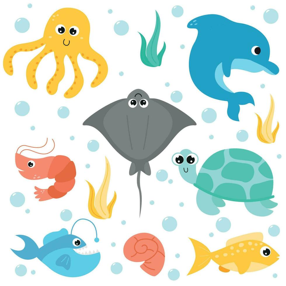 Set with hand drawn sea life animals. Underwater world and undersea world.Vector cartoon illustration vector