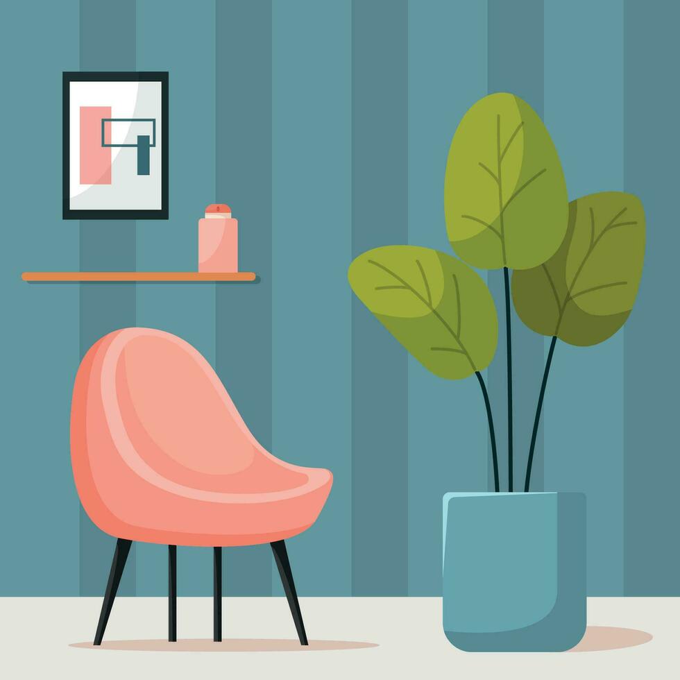 Living room interior. Comfortable modern arm chair, plant in flower pot, geometric abstract picture. Vector flat illustration