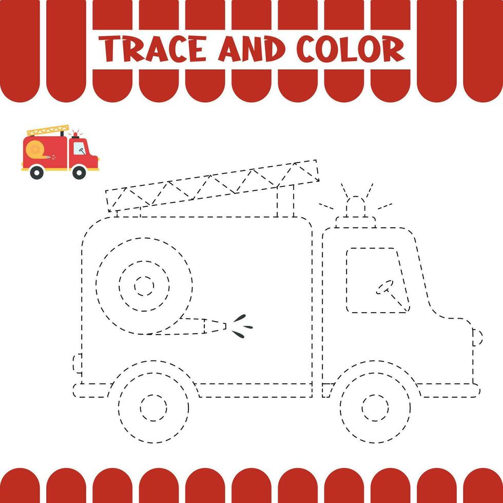 Tracing educational worksheet for kids. Trace fire engine car. Handwriting activity page for toddlers vector